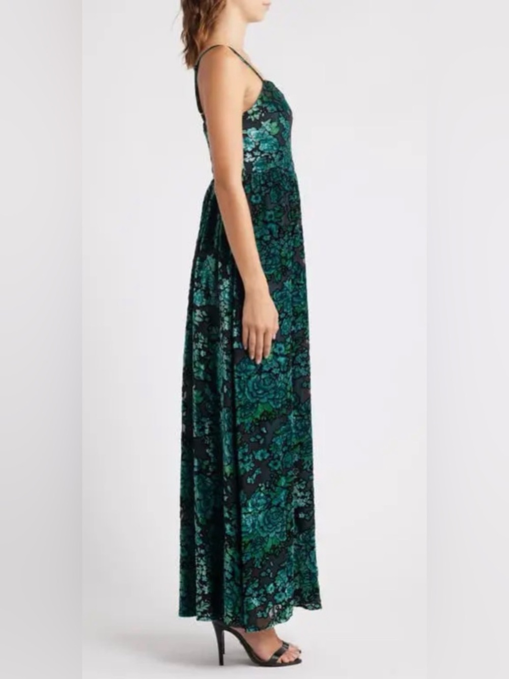 Lulus Minka Emerald Green Floral Velvet Burnout Spaghetti Straps Maxi Dress NWOT - Picture 3 of 11